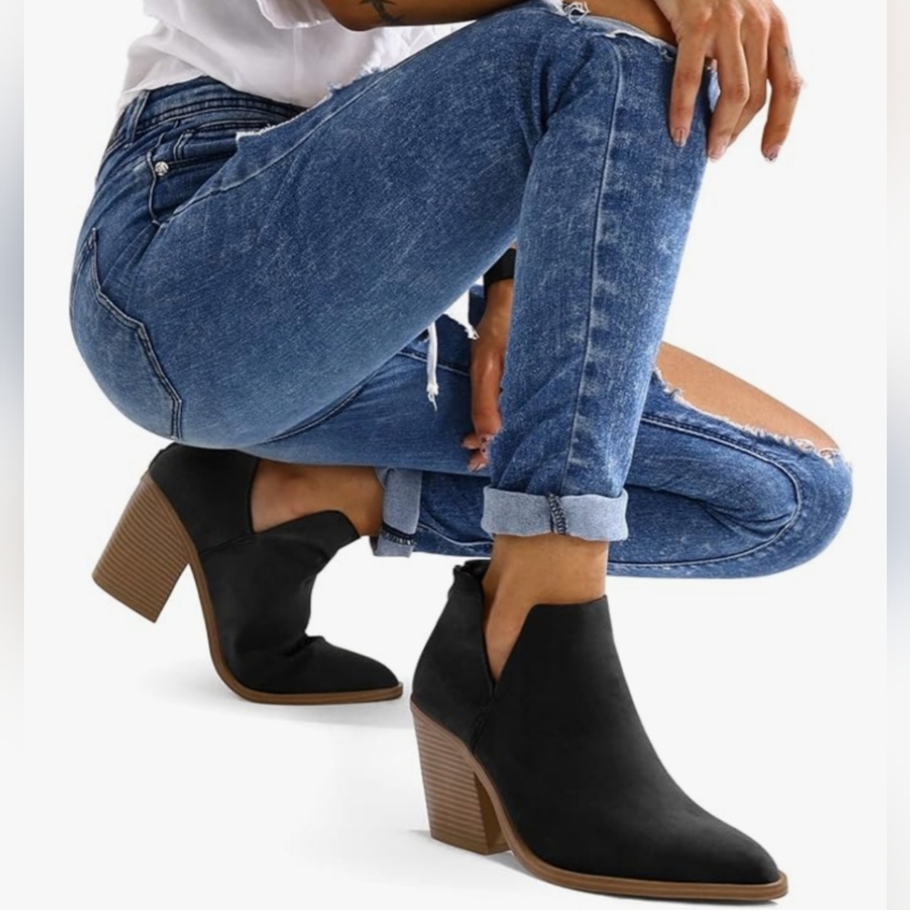 Pointy ankle boots 7 black vegan leather chunky heel cut out booties boho new